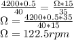 \frac{4200*0.5}{40}= \frac{\Omega * 15}{35}\\\Omega = \frac{4200*0.5*35}{40*15}\\\Omega = 122.5 rpm