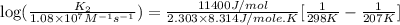 \log (\frac{K_2}{1.08\times 10^7M^{-1}s^{-1}})=\frac{11400J/mol}{2.303\times 8.314J/mole.K}[\frac{1}{298K}-\frac{1}{207K}]