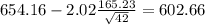 654.16-2.02\frac{165.23}{\sqrt{42}}=602.66