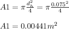 A1 =\pi\frac{d_h^2}{4} = \pi\frac{0.075^2}{4} \\\\A1 = 0.00441 m^2\\\\\\