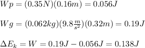 Wp=(0.35N)(0.16m)=0.056J\\\\Wg=(0.062kg)(9.8\frac{m}{s^2})(0.32m)=0.19J\\\\\Delta E_k=W=0.19J-0.056J=0.138J