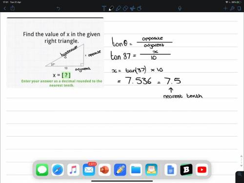 Find the value of x in the given right triangle