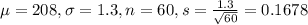 \mu = 208, \sigma = 1.3, n = 60, s = \frac{1.3}{\sqrt{60}} = 0.1678