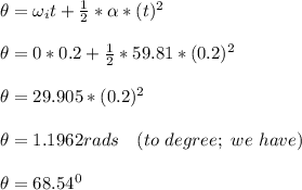 \theta = \omega_i t + \frac{1}{2}*\alpha*(t)^2\\\\\theta = 0 *0.2 + \frac{1}{2}*59.81*(0.2)^2 \\  \\  \theta = 29.905 *(0.2)^2 \\ \\ \theta = 1.1962 rads \ \ \ ( to \ degree; \ we \ have) \\ \\ \theta = 68.54^0