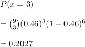 P(x = 3)\\\\= \binom{9}{3}(0.46)^3(1-0.46)^6\\\\= 0.2027