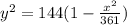 y^{2}=144(1-\frac{x^{2}}{361})