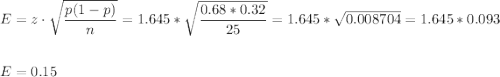 E=z\cdot\sqrt{\dfrac{p(1-p)}{n}}=1.645*\sqrt{\dfrac{0.68*0.32}{25}}=1.645*\sqrt{0.008704}=1.645*0.093\\\\\\E=0.15