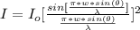 I = I_o [\frac{sin [\frac{\pi * w * sin (\theta )}{\lambda} ]}{\frac{\pi * w * sin (\theta )}{\lambda } } ]^2