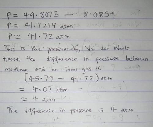 15.0 moles of gas are in a 8.00 LL tank at 24.5 ∘C∘C . Calculate the difference in pressure between