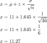 x=\mu+z\times \dfrac{\sigma}{\sqrt{n}}\\\\x=11+1.645\times \dfrac{1}{\sqrt{36}}\\\\x=11+1.645\times \dfrac{1}{6}\\\\x=11.27