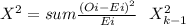 X^2= sum \frac{(Oi-Ei)^2}{Ei} ~~X^2_{k-1}