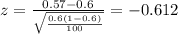 z=\frac{0.57 -0.6}{\sqrt{\frac{0.6(1-0.6)}{100}}}=-0.612