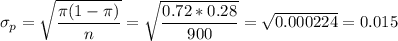 \sigma_p=\sqrt{\dfrac{\pi(1-\pi)}{n}}=\sqrt{\dfrac{0.72*0.28}{900}}=\sqrt{0.000224}=0.015