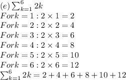 (e) \sum_{k=1}^6 2k\\For k = 1: 2\times1 = 2\\For k = 2: 2\times2 = 4\\For k = 3: 2\times3 = 6\\For k = 4: 2\times4 = 8\\For k = 5: 2\times5 = 10\\For k = 6: 2\times6 = 12\\\sum_{k=1}^6 2k = 2 +4 +6 +8 +10 +12