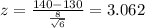 z = \frac{140-130}{\frac{8}{\sqrt{6}}}= 3.062