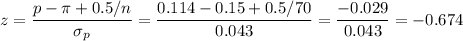 z=\dfrac{p-\pi+0.5/n}{\sigma_p}=\dfrac{0.114-0.15+0.5/70}{0.043}=\dfrac{-0.029}{0.043} =-0.674