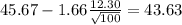 45.67-1.66\frac{12.30}{\sqrt{100}}=43.63