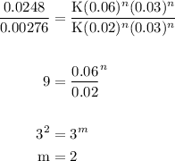\begin {aligned} \dfrac {0.0248}{0.00276}&= \dfrac{\text K (0.06)^n (0.03)^n} {\text K (0.02)^n (0.03)^n}\\\\9 &= \dfrac{0.06}{0.02}^n\\\\3 ^2 &= 3 ^ m\\\text m &=2\\\end {aligned}