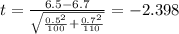 t=\frac{6.5-6.7}{\sqrt{\frac{0.5^2}{100}+\frac{0.7^2}{110}}}}=-2.398