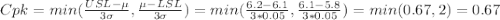 Cpk=min(\frac{USL-\mu}{3\sigma},\frac{\mu -LSL}{3\sigma})=min(\frac{6.2-6.1}{3*0.05},\frac{6.1-5.8}{3*0.05})=min(0.67,2)=0.67