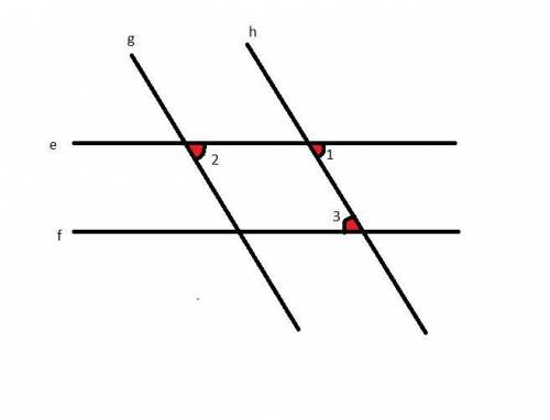 Given: g ∥ h and ∠2 ≅ ∠3 Prove: e ∥ f Horizontal and parallel lines e and f are intersected by diago