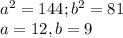 a^2=144; b^2=81\\a=12,b=9
