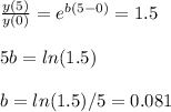 \frac{y(5)}{y(0)}=e^{b(5-0)}=1.5\\\\5b=ln(1.5)\\\\b=ln(1.5)/5=0.081