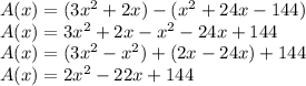 A(x)=(3x^2 + 2x) - ( x^2 + 24x - 144)\\A(x)=3x^2 + 2x-x^2  -24x + 144\\A(x)=(3x^2-x^2)+(2x -24x) + 144\\A(x)=2x^2-22x+144
