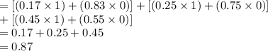=[(0.17\times 1)+(0.83\times 0)]+[(0.25\times 1)+(0.75\times 0)]\\+[(0.45\times 1)+(0.55\times 0)]\\=0.17+0.25+0.45\\=0.87