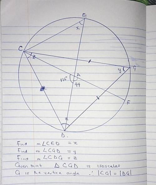 Consider circle A in the diagram below where m angle DAF = 44° and triangle CGD is isosceles. G is t