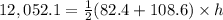 12,052.1=\frac{1}{2}(82.4+108.6)\times h