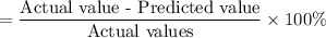 =\dfrac{\text{Actual value - Predicted value}}{\text{Actual values}}\times 100\%