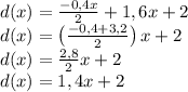 d(x)=\frac{-0,4x}{2}+1,6x+2\\d(x)=\left ( \frac{-0,4+3,2}{2} \right )x+2\\d(x)=\frac{2,8}{2}x+2\\d(x)=1,4x+2