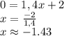 0=1,4x+2\\x=\frac{-2}{1,4}\\x\approx -1.43\\