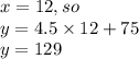 x=12, so\\y=4.5 \times 12+75\\y=129