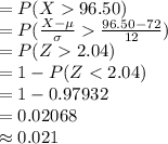 =P( X96.50)\\=P(\frac{X-\mu}{\sigma}\frac{96.50-72}{12})\\=P(Z2.04)\\=1-P(Z