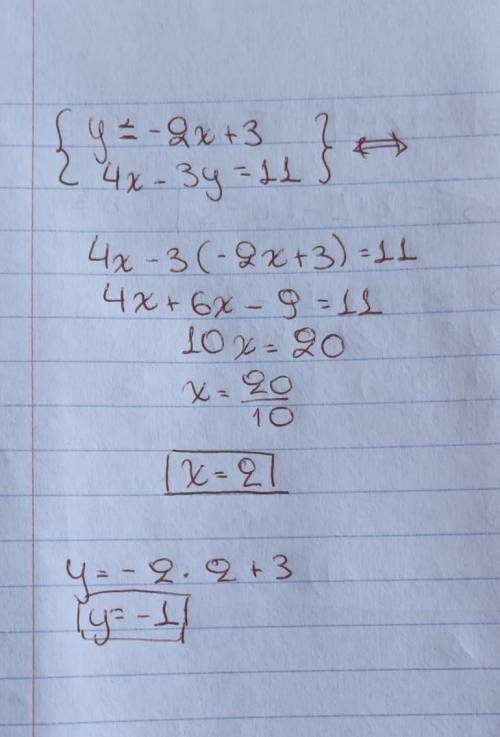 I'm having trouble with this question I cant quite get it right... y = -2x + 3 4x - 3y = 11
