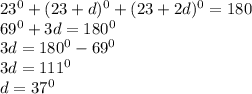 23^0+(23+d)^0+(23+2d)^0=180\\69^0+3d=180^0\\3d=180^0-69^0\\3d=111^0\\d=37^0