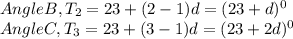 Angle B, T_2=23+(2-1)d=(23+d)^0\\Angle C, T_3=23+(3-1)d=(23+2d)^0