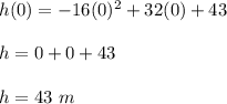 h(0)= -16(0)^2+32(0)+43\\\\h=0+0+43\\\\h=43\ m