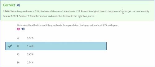 Determine the effective monthly growth rate for a population that grows at a rate of 23% each year.