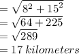 =  \sqrt{ {8}^{2}  +  {15}^{2} }  \\  =  \sqrt{64 + 225}  \\  =  \sqrt{289}  \\  = 17 \: kilometers