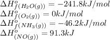 \Delta H^o_f_{(H_2O(g))}=-241.8kJ/mol\\\Delta H^o_f_{(O_2(g))}=0kJ/mol\\\Delta H^o_f_{(NH_3(g))}=-46.2kJ/mol\\\Delta H^o_{(NO(g))}=91.3kJ