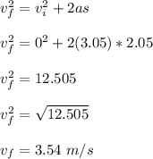 v_f^2 = v_i^2 + 2 as \\ \\ v_f^2 =0^2+2(3.05)*2.05 \\ \\ v_f^2 = 12.505 \\ \\ v^2_f = \sqrt{12.505} \\ \\ v_f = 3.54 \  m/s