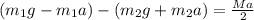 (m_1g -m_1a) -(m_2g + m_2a) = \frac{Ma}{2}