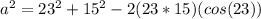 a^2 = 23^2 +15^2 - 2(23*15)(cos(23))