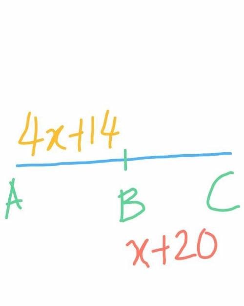 If B is the midpoint of AC and AB = 4x + 14 and BC = x + 20, determine how long AC is.