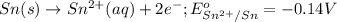 Sn(s)\rightarrow Sn^{2+}(aq)+2e^-;E^o_{Sn^{2+}/Sn}=-0.14V