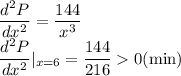 \dfrac{d^2P}{dx^2}=\dfrac{144}{x^3}\\\dfrac{d^2P}{dx^2}|_{x=6}=\dfrac{144}{216}0(\text{min})