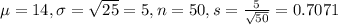 \mu = 14, \sigma = \sqrt{25} = 5, n = 50, s = \frac{5}{\sqrt{50}} = 0.7071